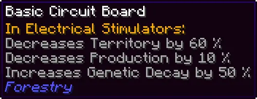 A tooltip showing what a basic circuit board does when placed in an electrical stimulator. It says that it will decrease territory by 60%, decrease production by 10%, and increase genetic decay by 50%