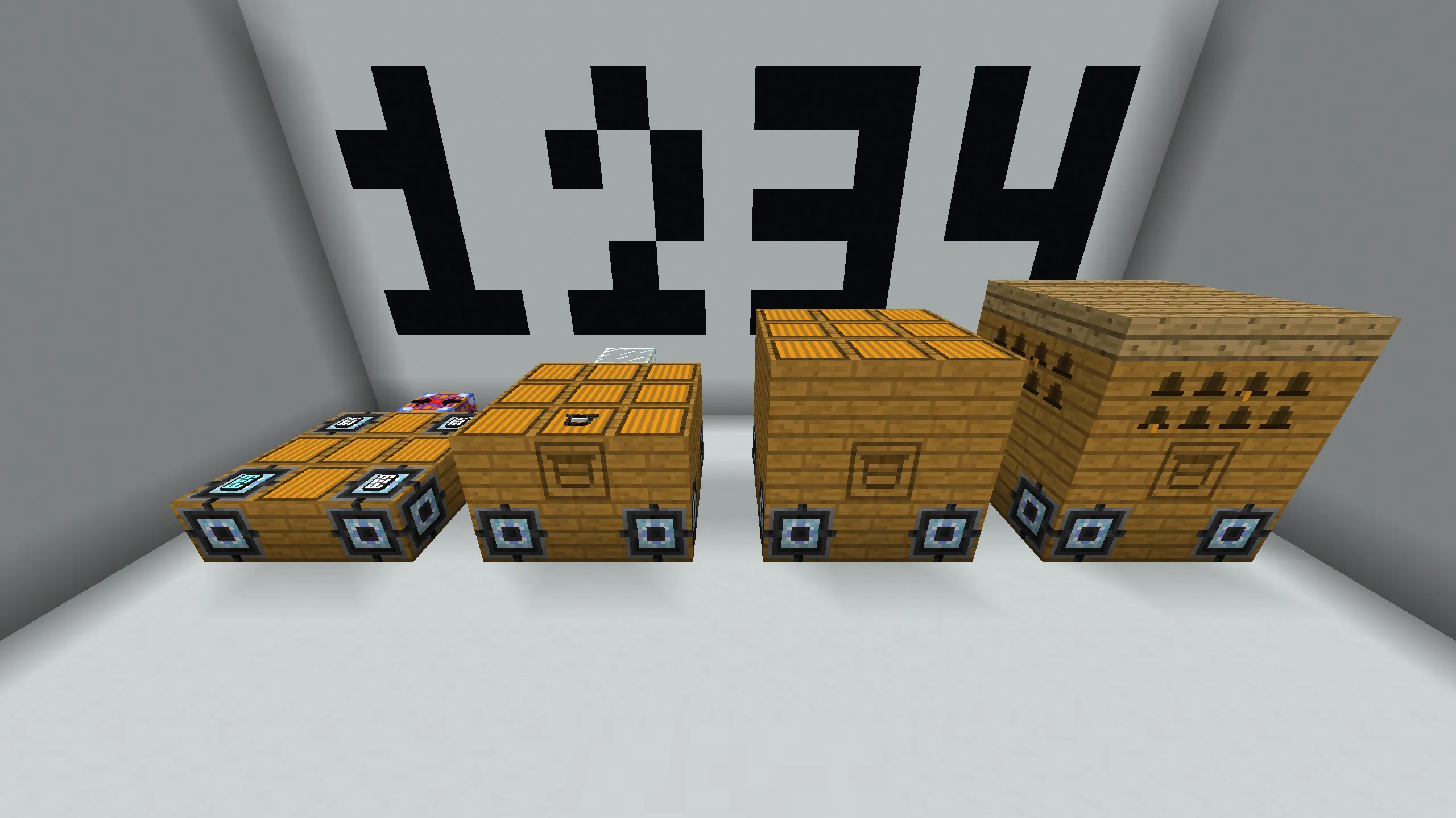 Layers of an Alveary in Minecraft being built up from left to right, increasing in height