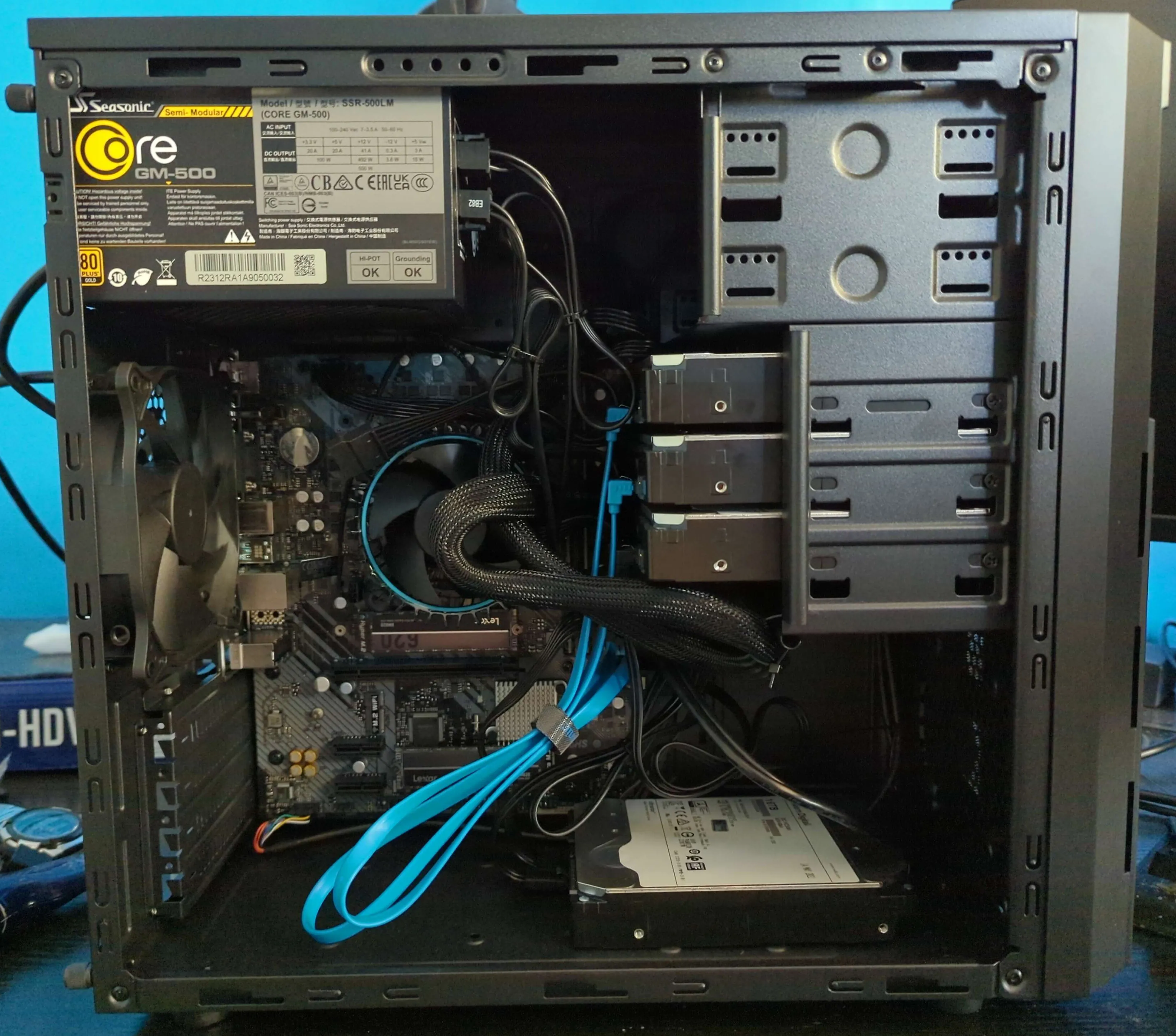 An assembled desktop computer with the side panel removed