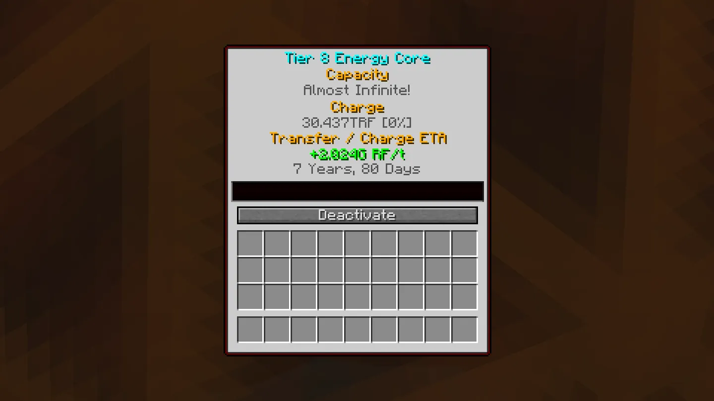 A Minecraft UI showing the charge rate of a Draconic Energy Core being 2.024G RF/t