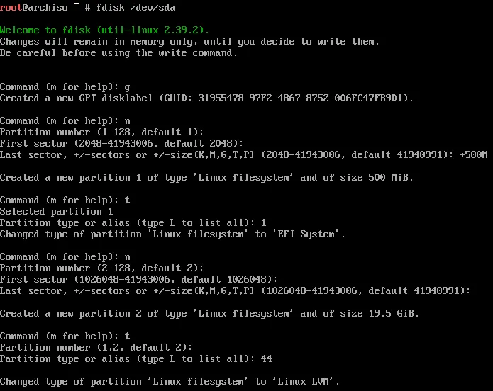 Using fdisk to create 2 partitions onto the storage drive